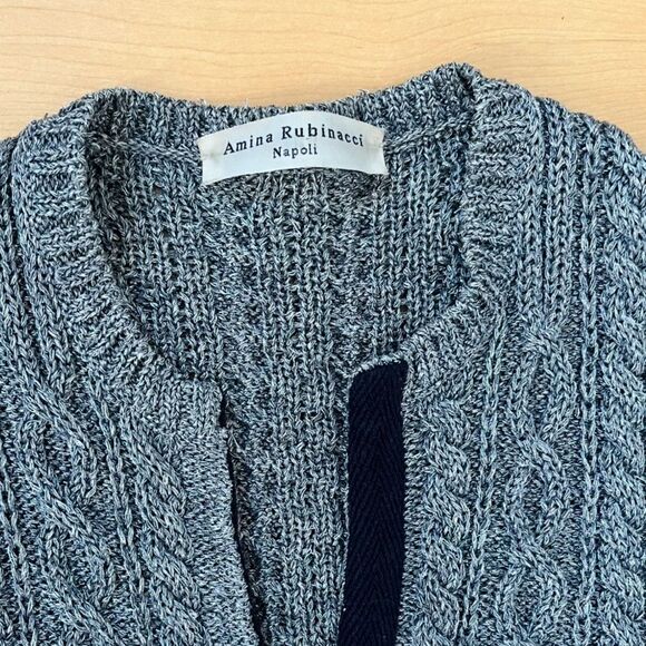 Amina Rubinacci Cable Knit Crewneck Cardigan Sweater  in Gray 8 - Picture 8 of 11